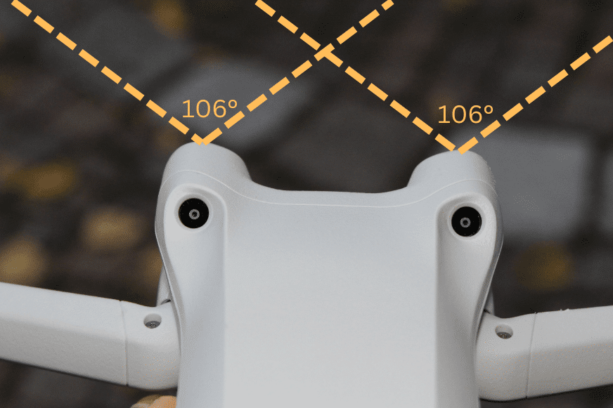 Die vorderen Hindernissensoren der DJI Mini 3 Pro erkennen Hindernisse horizontal in einem 106° Winkel.